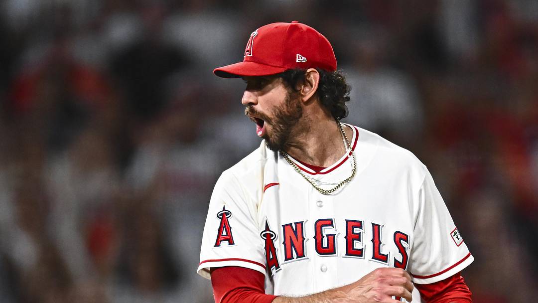 Los Angeles Angels pitcher Jordan Romano (68) reacts