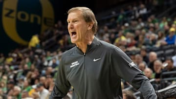 Oregon head coach Dana Altman yells to his team as the Oregon Ducks host the Hawaii Rainbow Warriors on Nov. 4, 2025, at Matthew Knight Arena in Eugene, Oregon.