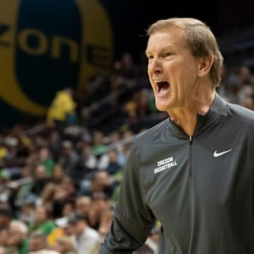 Oregon head coach Dana Altman yells to his team as the Oregon Ducks host the Hawaii Rainbow Warriors on Nov. 4, 2025, at Matthew Knight Arena in Eugene, Oregon.