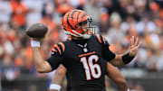 Cincinnati Bengals quarterback Joe Flacco (16) throws a pass against the Chicago Bears during the second quarter at Paycor Stadium. 