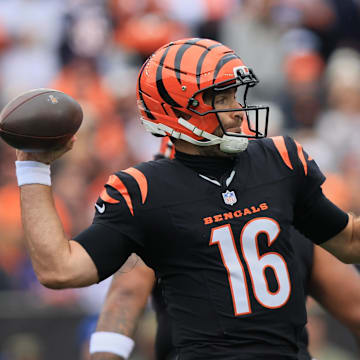 Nov 2, 2025; Cincinnati, Ohio, USA; Cincinnati Bengals quarterback Joe Flacco (16) throws a pass against the Chicago Bears during the second quarter at Paycor Stadium. Mandatory Credit: Katie Stratman-Imagn Images