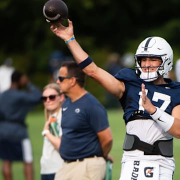 Penn State quarterback Ethan Grunkemeyer throws during practice outside Holuba Hall.