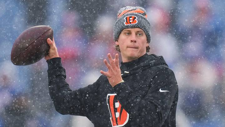 Cincinnati Bengals quarterback Joe Burrow (9) throws passes during warmups before the first quarter of the NFL Week 14 game between the Buffalo Bills and the Cincinnati Bengals at Highmark Stadium in Orchard Park, N.Y., on Sunday, Dec. 7, 2025.
