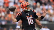 Nov 2, 2025; Cincinnati, Ohio, USA; Cincinnati Bengals quarterback Joe Flacco (16) throws a pass against the Chicago Bears during the second quarter at Paycor Stadium. Mandatory Credit: Katie Stratman-Imagn Images