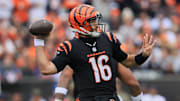 Nov 2, 2025; Cincinnati, Ohio, USA; Cincinnati Bengals quarterback Joe Flacco (16) throws a pass against the Chicago Bears during the second quarter at Paycor Stadium. Mandatory Credit: Katie Stratman-Imagn Images