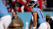 Nov 16, 2025; Nashville, Tennessee, USA;  Tennessee Titans wide receiver Chimere Dike (17) looks down the line against the Houston Texans during the first half at Nissan Stadium. Mandatory Credit: Steve Roberts-Imagn Images
