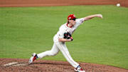 Jul 15, 2025; Cumberland, Georgia, USA; National League pitcher Andrew Abbott (41) of the Cincinnati Reds pitches during the sixth inning during the 2025 MLB All Star Game at Truist Park. Mandatory Credit: Dale Zanine-Imagn Images
