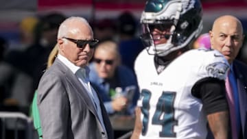 Oct 20, 2024; East Rutherford, New Jersey, USA;  Eagles owner Jeffrey Lurie pre game against the New York Giants at MetLife Stadium. Mandatory Credit: Robert Deutsch-Imagn Images