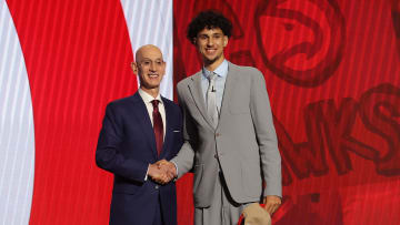 Jun 26, 2024; Brooklyn, NY, USA; Zaccharie Risacher poses for photos w/ NBA commissioner Adam Silver