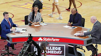 The ESPN College GameDay crew (L-R) Rece Davis, Andeaya Carter, Jay Williams, and Seth Greenberg broadcast ahead of the game between the Iowa State Cyclone and TCU Horned Frogs at Hilton Coliseum on Feb. 8, 2025 in Ames, Iowa