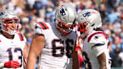 Oct 19, 2025; Nashville, Tennessee, USA; New England Patriots running back Rhamondre Stevenson (38) celebrates with offensive tackle Will Campbell (66) and wide receiver Mack Hollins (13) after scoring a touchdown against the Tennessee Titans during the second half at Nissan Stadium. Mandatory Credit: Steve Roberts-Imagn Images