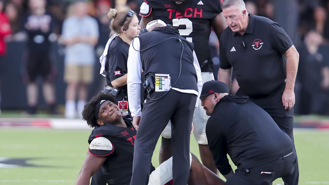 Texas Tech Red Raiders defensive tackle Skyler Gil-Howard reacts after being injured. Mandatory Credit: Michael C. Johnson-Imagn Images