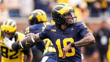 Team Blue quarterback Bryce Underwood (19) makes a pass against Team Maize during the first half of the spring game at Michigan Stadium in Ann Arbor on Saturday, April 19, 2025.