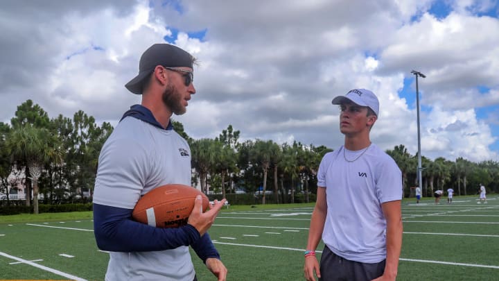 Greg Joseph (l) of the Minnesota Vikings fields questions from American Heritage high school kicker Jake Weinberg about what it  s like to be an NFL kicker during the Pat O'Donnell Youth Camp at Somerset Academy Canyons, Saturday July 9, 2022.

Wpb Pat Odonnell Camp 08