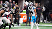 Nov 16, 2025; Atlanta, Georgia, USA; Carolina Panthers wide receiver Tetairoa McMillan (4) prepares for a play in the first half against the Atlanta Falcons at Mercedes-Benz Stadium. Mandatory Credit: Dale Zanine-Imagn Images