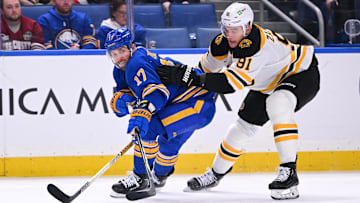 January 28th, 2025; Buffalo, New York, USA;  Buffalo Sabres winger Jason Zucker (17) battles for the puck against Boston Bruins defencemen Nikita Zadorov (91). 