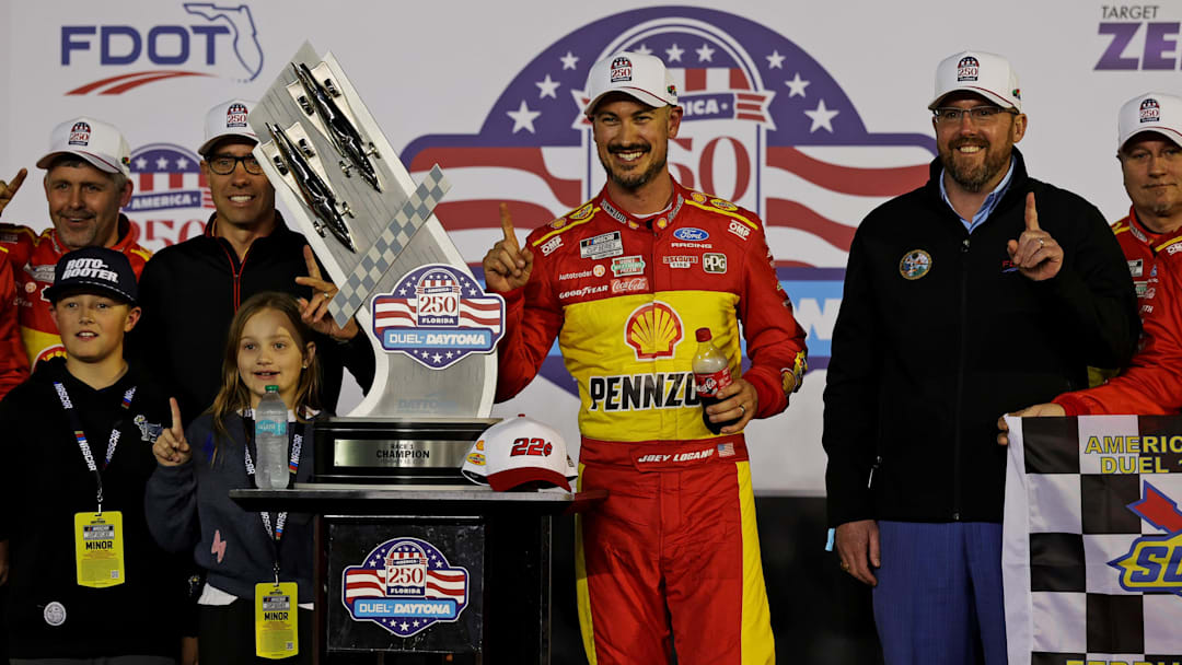 Feb 12, 2026; Daytona Beach, Florida, USA;  Driver Joey Logano (22) wins the Duel 1 at Daytona at Daytona International Speedway. Mandatory Credit: Mike Watters-Imagn Images