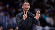 May 15, 2025; Denver, Colorado, USA; Oklahoma City Thunder head coach Mark Daigneault gestures in the third quarter against the Denver Nuggets during game six of the second round for the 2025 NBA Playoffs at Ball Arena. Mandatory Credit: Isaiah J. Downing-Imagn Images