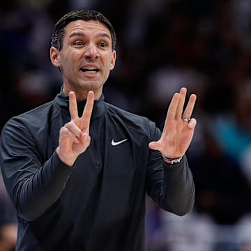 May 15, 2025; Denver, Colorado, USA; Oklahoma City Thunder head coach Mark Daigneault gestures in the third quarter against the Denver Nuggets during game six of the second round for the 2025 NBA Playoffs at Ball Arena. Mandatory Credit: Isaiah J. Downing-Imagn Images