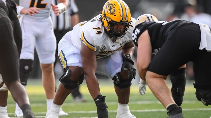 Sep 30, 2023; Nashville, Tennessee, USA; Missouri Tigers offensive lineman Cam'Ron Johnson (74) against the Vanderbilt Commodores during the second half at FirstBank Stadium. Mandatory Credit: Steve Roberts-USA TODAY Sports