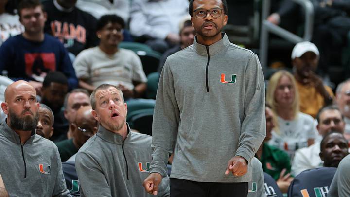 Nov 3, 2025; Coral Gables, Florida, USA; Miami Hurricanes head coach Jai Lucas looks on against the Jacksonville Dolphins during the second half at Watsco Center. Mandatory Credit: Sam Navarro-Imagn Images