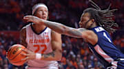 Jan 8, 2025; Champaign, Illinois, USA;  Illinois Fighting Illini guard Tre White (22) drives against Penn State Nittany Lions guard Ace Baldwin Jr. (1) during the first half at State Farm Center. Mandatory Credit: Ron Johnson-Imagn Images