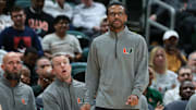 Nov 3, 2025; Coral Gables, Florida, USA; Miami Hurricanes head coach Jai Lucas looks on against the Jacksonville Dolphins during the second half at Watsco Center. Mandatory Credit: Sam Navarro-Imagn Images