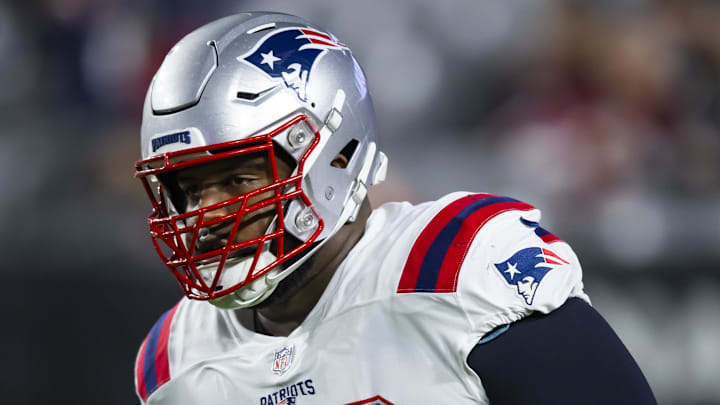 Dec 12, 2022; Glendale, Arizona, USA; New England Patriots defensive tackle Davon Godchaux (92) against the Arizona Cardinals at State Farm Stadium. Mandatory Credit: Mark J. Rebilas-Imagn Images