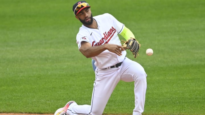 Jun 11, 2023; Cleveland, Ohio, USA; Cleveland Guardians shortstop Amed Rosario (1) throws to first base in the seventh inning against the Houston Astros at Progressive Field. Mandatory Credit: David Richard-USA TODAY Sports