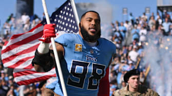 Nov 16, 2025; Nashville, Tennessee, USA; Tennessee Titans defensive tackle Jeffery Simmons (98) runs onto the field before the game against the Houston Texans at Nissan Stadium. Mandatory Credit: Steve Roberts-Imagn Images