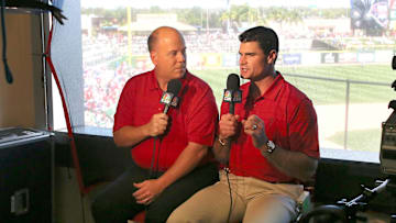 Mar 10, 2015; Clearwater, FL, USA; Philadelphia Phillies broadcasters Tom McCarthy (left) and Ben Davis on the air before a spring training baseball game against the Detroit Tigers at Bright House Field.