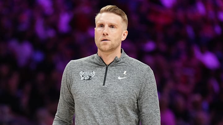 Feb 21, 2026; Miami, Florida, USA;  Memphis Grizzlies head coach Tuomas Iisalo calls a timeout during the first half against the Miami Heat at Kaseya Center. Mandatory Credit: Jim Rassol-Imagn Images