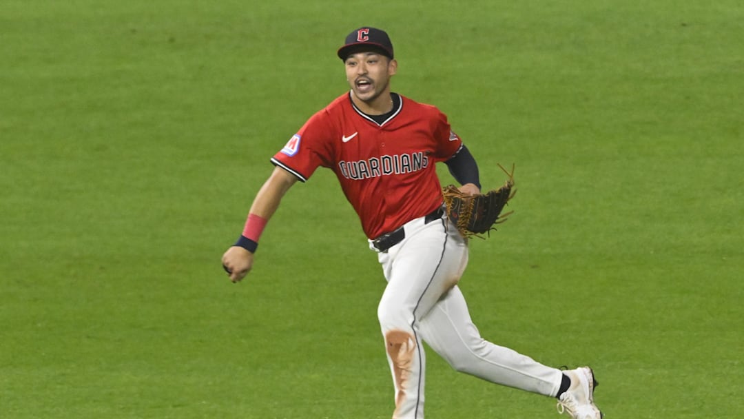 Sep 24, 2025; Cleveland, Ohio, USA; Cleveland Guardians left fielder Steven Kwan (38) celebrates a win over the Detroit Tigers at Progressive Field. Mandatory Credit: David Richard-Imagn Images