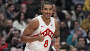 Mar 10, 2025; Toronto, Ontario, CAN; Toronto Raptors guard Jared Rhoden (8) reacts after a play against the Washington Wizards during the second half at Scotiabank Arena. Mandatory Credit: John E. Sokolowski-Imagn Images
