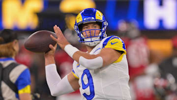 Nov 23, 2025; Inglewood, California, USA; Los Angeles Rams quarterback Matthew Stafford (9) throws a pass during warmups before the game against the Tampa Bay Buccaneers at SoFi Stadium. Mandatory Credit: Jayne Kamin-Oncea-Imagn Images