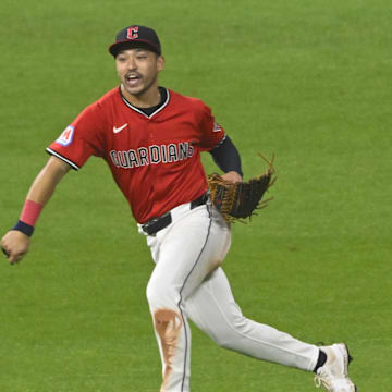 Sep 24, 2025; Cleveland, Ohio, USA; Cleveland Guardians left fielder Steven Kwan (38) celebrates a win over the Detroit Tigers at Progressive Field. Mandatory Credit: David Richard-Imagn Images