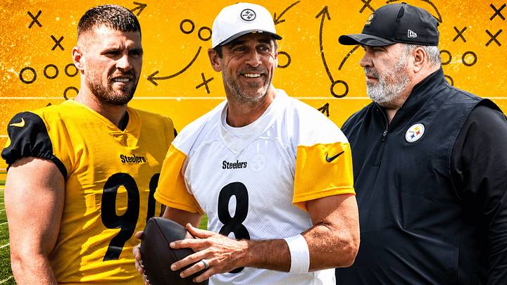 Pittsburgh Steelers edge rusher T.J. Watt (L), QB Aaron Rodgers (M), and head coach Mike McCarthy (R)
