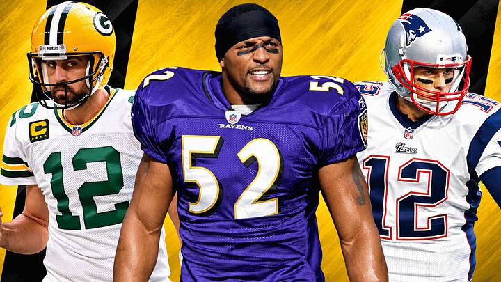 Aaron Rodgers (L), Ray Lewis (C), and Tom Brady (R)