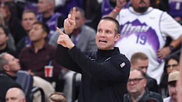 Oct 27, 2025; Salt Lake City, Utah, USA; Phoenix Suns head coach Jordan Ott calls a play against the Utah Jazz during the fourth quarter at Delta Center. Mandatory Credit: Rob Gray-Imagn Images