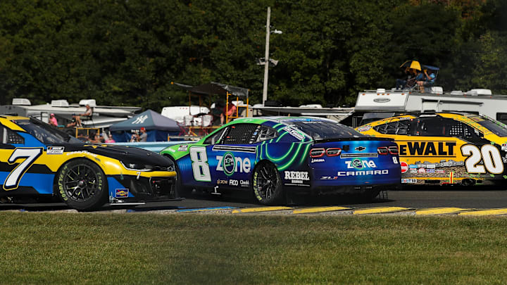 Sep 15, 2024; Watkins Glen, New York, USA; NASCAR Cup Series driver Kyle Busch (8) spins during the Go Bowling at The Glen at Watkins Glen International.