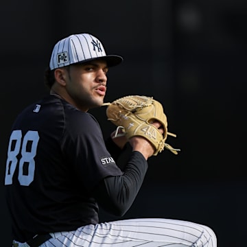 Feb 12, 2025; Tampa, FL, USA; New York Yankees pitcher Jayvien Sandridge (88) participates in spring training workouts at George M. Steinbrenner Field. Mandatory Credit: Nathan Ray Seebeck-Imagn Images