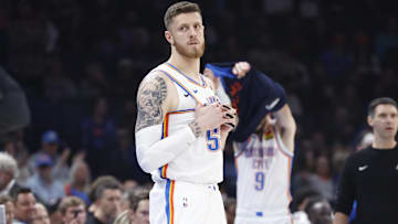 Nov 20, 2024; Oklahoma City, Oklahoma, USA; Oklahoma City Thunder center Isaiah Hartenstein (55) waits to check into the game against the Portland Trail Blazers during the first quarter at Paycom Center. Mandatory Credit: Alonzo Adams-Imagn Images