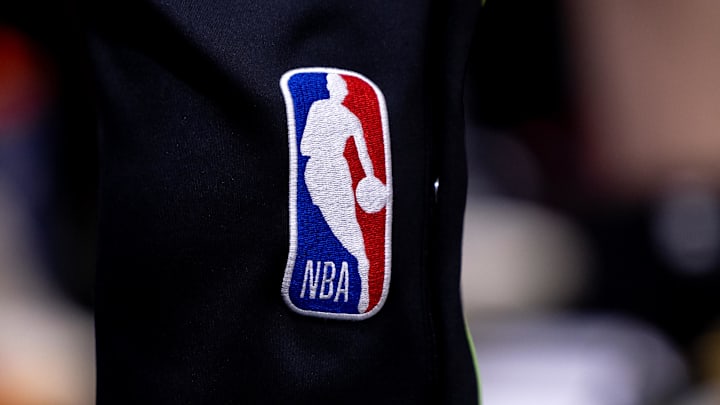 Apr 29, 2024; New Orleans, Louisiana, USA; Detailed view go the NBA logo between the New Orleans Pelicans and the Oklahoma City Thunder r during the second half of game four of the first round for the 2024 NBA playoffs at Smoothie King Center. Mandatory Credit: Stephen Lew-Imagn Images Apr 29, 2024; New Orleans, Louisiana, USA; Detailed view go the NBA logo between the New Orleans Pelicans and the Oklahoma City Thunder r during the second half of game four of the first round for the 2024 NBA playoffs at Smoothie King Center. Mandatory Credit: Stephen Lew-Imagn Images
