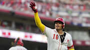 Jul 29, 2025; Cincinnati, Ohio, USA;  Cincinnati Reds third baseman Noelvi Marte (16) gestures after hitting a solo home run against the Los Angeles Dodgers in the fourth inning at Great American Ball Park. Mandatory Credit: Aaron Doster-Imagn Images