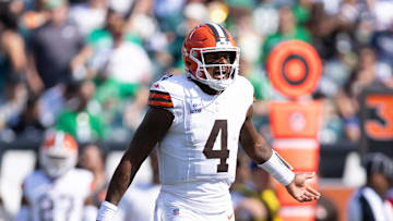Oct 13, 2024; Philadelphia, Pennsylvania, USA; Cleveland Browns quarterback Deshaun Watson (4) reacts to a play against the Philadelphia Eagles during the first quarter at Lincoln Financial Field. Mandatory Credit: Bill Streicher-Imagn Images