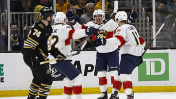 May 10, 2024; Boston, Massachusetts, USA; Florida Panthers center Evan Rodrigues (17) (center)