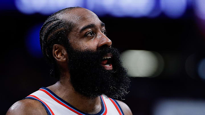 Jan 30, 2026; Denver, Colorado, USA; Los Angeles Clippers guard James Harden (1) in the third quarter against the Denver Nuggets at Ball Arena. Mandatory Credit: Isaiah J. Downing-Imagn Images
