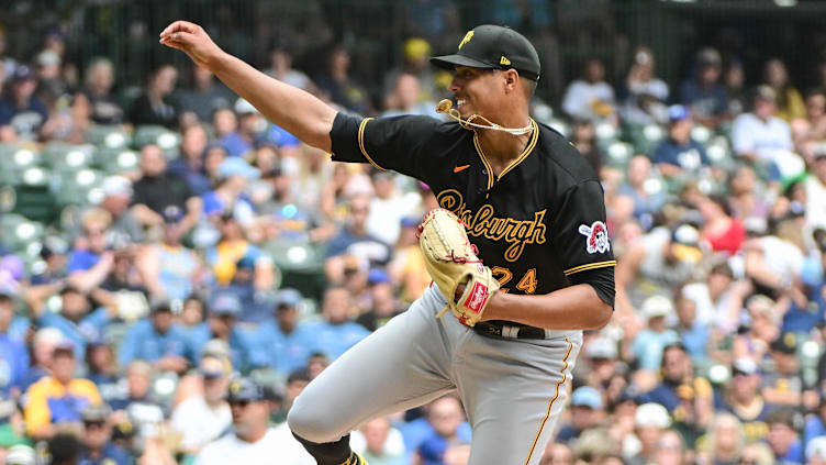 Aug 6, 2023; Milwaukee, Wisconsin, USA;  Pittsburgh Pirates pitcher Johan Oviedo (24) pitches in the