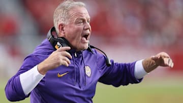 Oct 19, 2024; Fayetteville, Arkansas, USA; LSU Tigers head coach Brian Kelly reacts to a call in the first half against the Arkansas Razorbacks at Donald W. Reynolds Razorback Stadium. Mandatory Credit: Nelson Chenault-Imagn Images