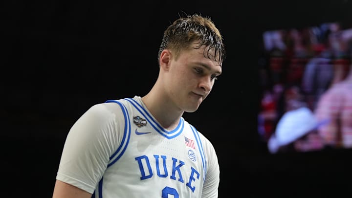Apr 5, 2025; San Antonio, TX, USA; Duke basketball forward Cooper Flagg (2) walks off the court after losing to the Houston Cougars in the semifinals of the men's Final Four of the 2025 NCAA Tournament at the Alamodome. 